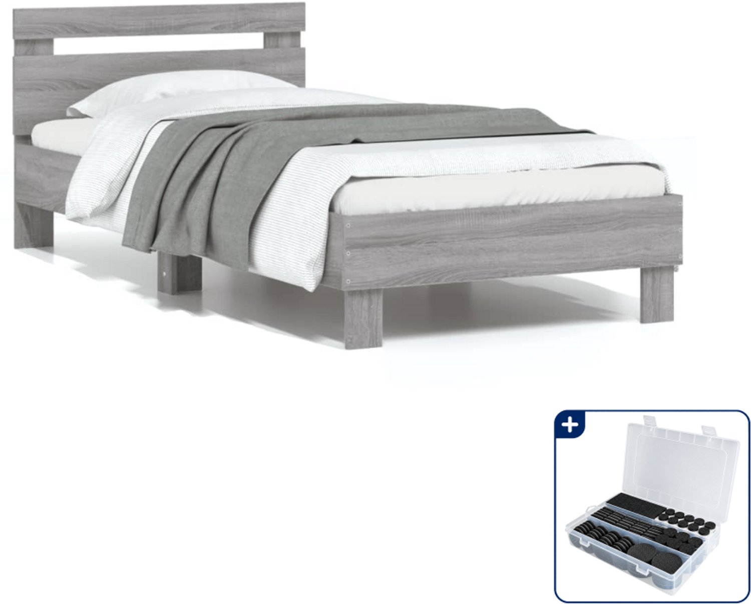 vidaXL bedframe met hoofdbord - 75 x 190 cm - bewerkt hout - grijs - Inclusief antikrasvilt 177-delig
