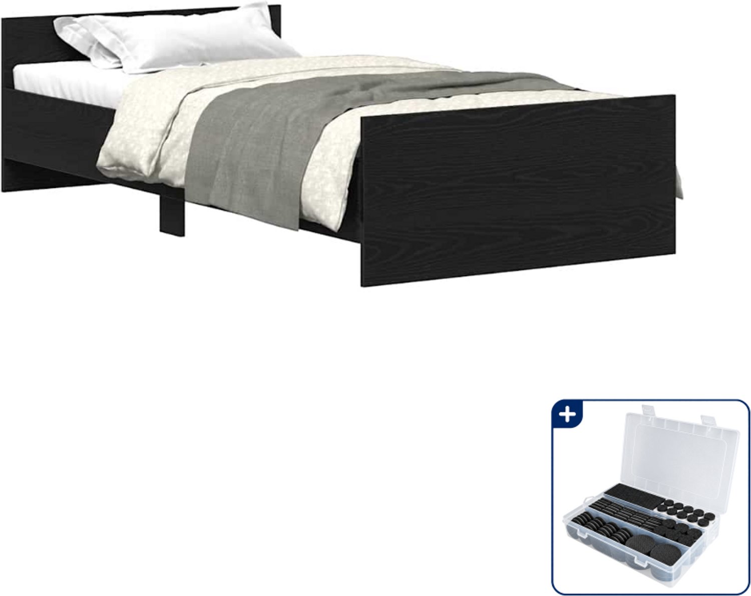 vidaXL bedframe - 90 x 190 cm - bewerkt hout - zwart eikenkleurig - Inclusief antikrasvilt 177-delig