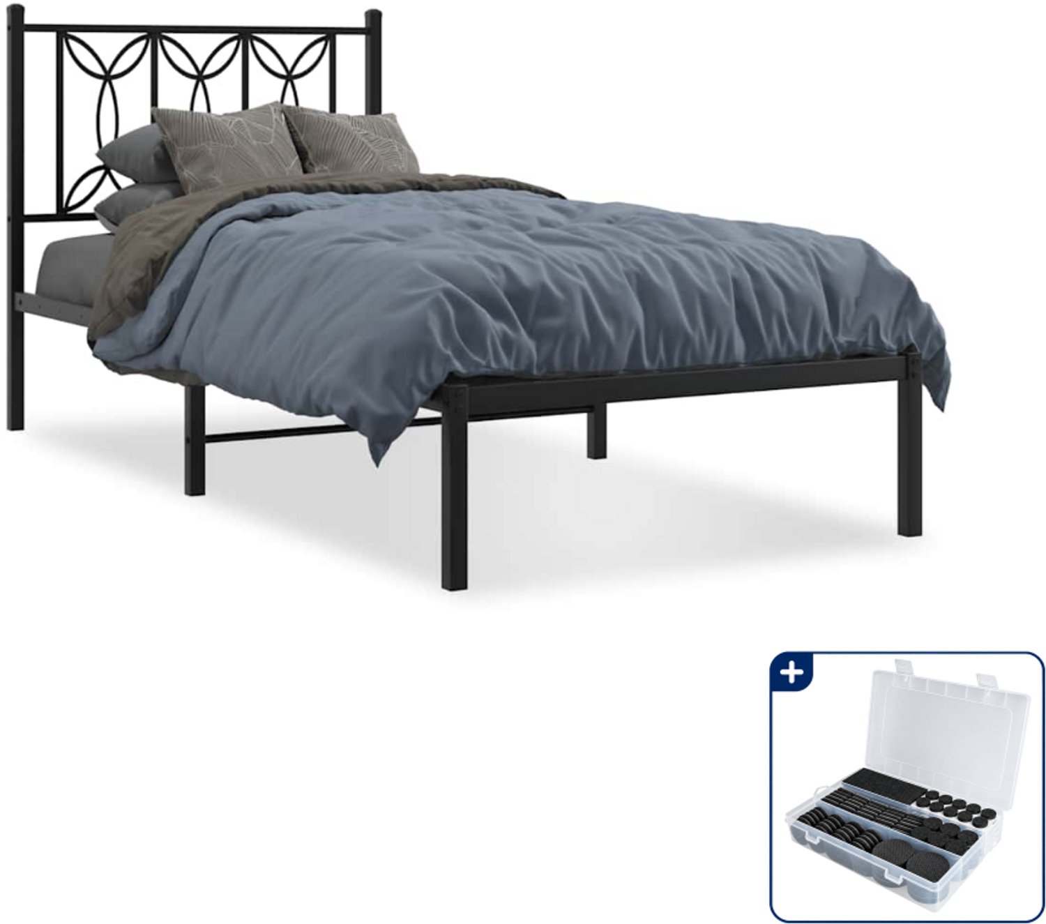 vidaXL Bedframe met hoofdbord - 90 x 200 cm - staal - zwart - Inclusief antikrasvilt 177-delig
