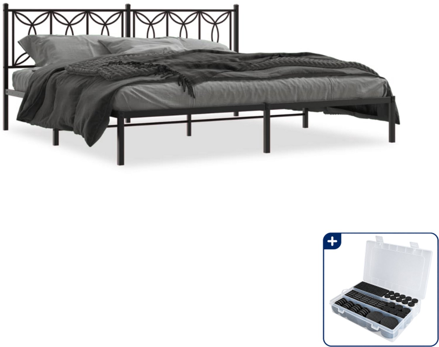vidaXL bedframe met hoofdbord - 193 x 203 cm - staal - zwart - Inclusief antikrasvilt 177-delig