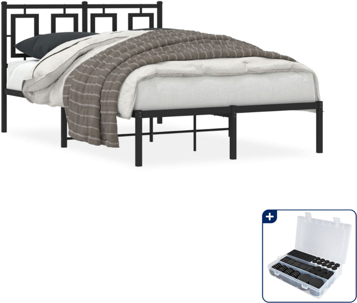 vidaXL bedframe met hoofdbord - 120 x 200 cm - staal - zwart - Inclusief antikrasvilt 177-delig