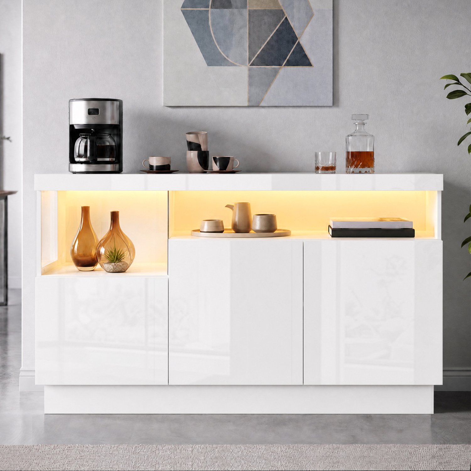 MODFU Dressoir - 3 Deuren - LED-Verlichting Met Appbediening - Hoogglans - Wit - 140 X 36 X 80 Cm