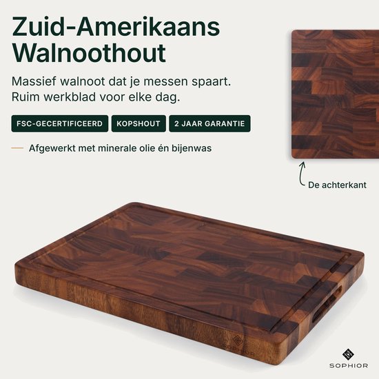 SOPHIOR Houten Snijplank Walnoot Kopshout - Groot 42x30x3,2 cm - Met Sapgeul en Handvaten — cadeau in Kookcadeaus - foto 3