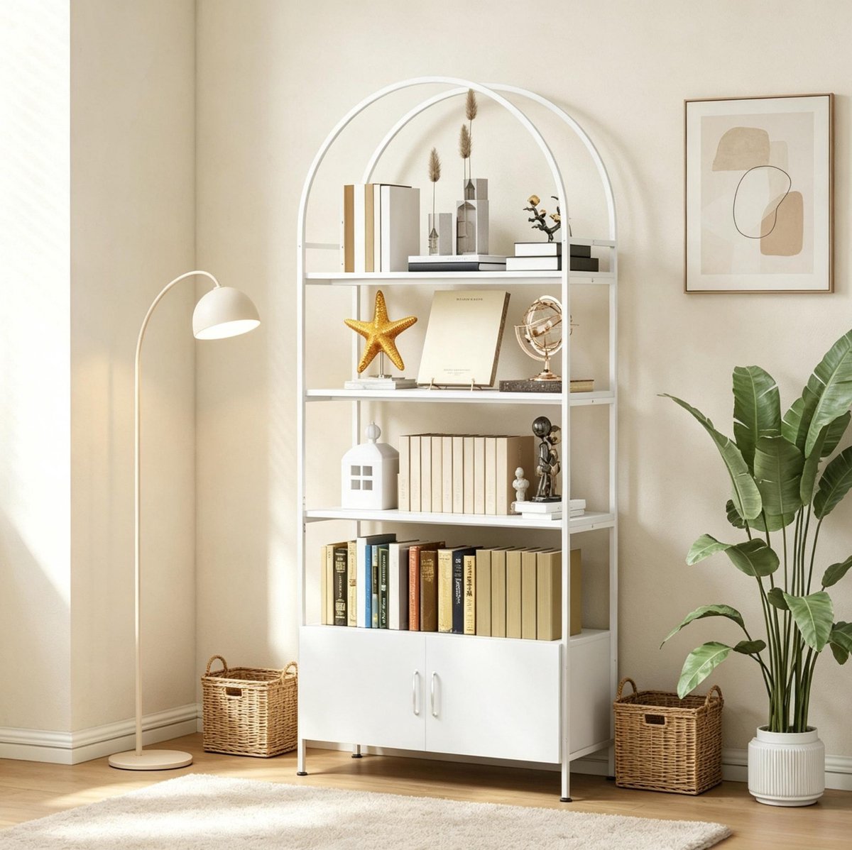 REDOM - Boekenkast - Archvorm - Vier open planken - Dubbele deuren - Spaanplaat en staal - Wit - 80 x 30 x 187 cm