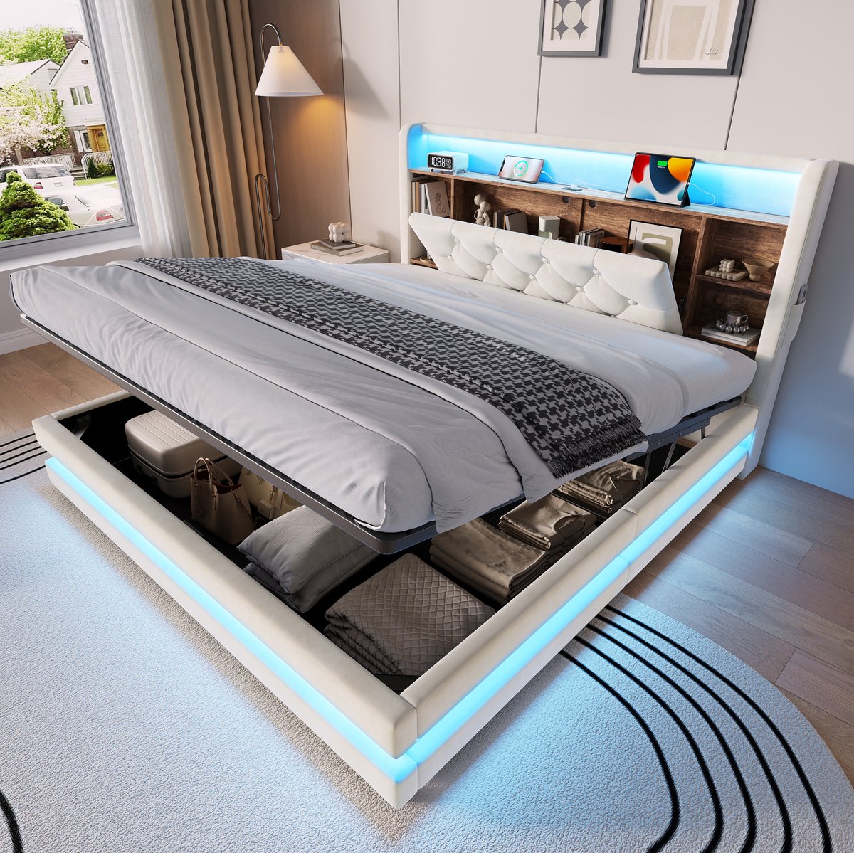 REDOM - Tweepersoonsbed met opbergruimte - Hydraulisch liftsysteem - LED-verlichting met USB en Type-C - Fluwelen bekleding - Beige - 140 x 200 cm