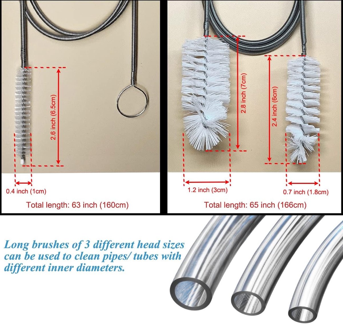 Afvoerreiniger flexibel - Wit - 1er-Set - Nylon en Roestvrijstalen Buisreinigingsborstels - Voor Huishoudelijk Gebruik