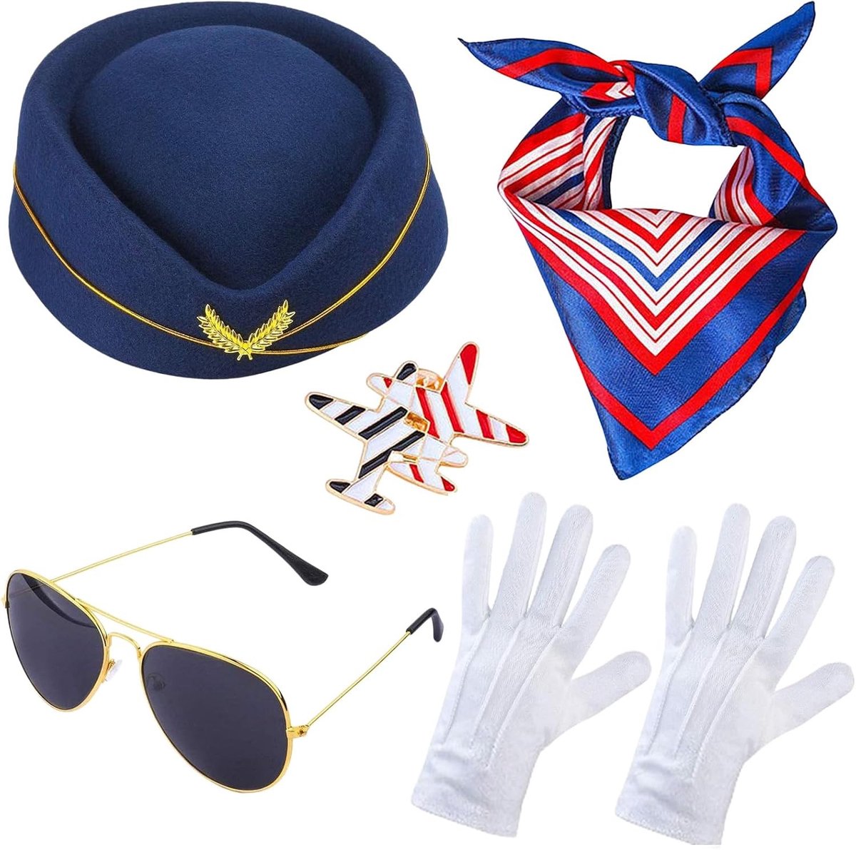 Professionele Vliegtuigagent Kostuums voor Vrouwen, Set van 5 met Handschoenen, Hoed, Sjaal, Broche en Bril voor Carnaval en Rollenspel