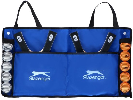 Blauwe draagtas met twee Slazenger tafeltennisrackets en 6 witte en 6 oranje ballen.