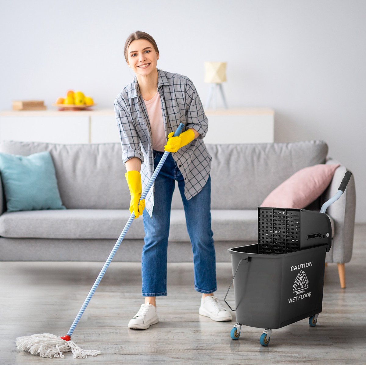 MODFU - Mopemmer Met Wringer - 2 Compartimenten - Met Wielen - Kunststof - Zwart - 20 Liter