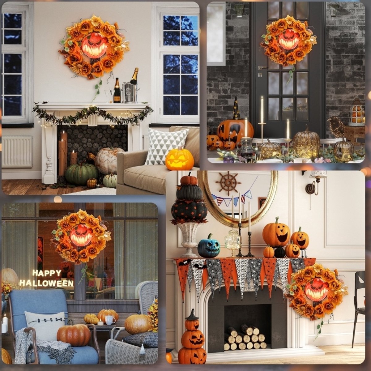 Halloweenkrans – 44 Ledlampjes – 44 x 9 x 44 cm – Staaldraad En Polyester – Oranje – Hangdecoratie