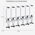 Drankdispenser van chroom en aluminium met 6 uitgiftepunten. Afmetingen: 52 cm breed, 36 cm hoog, 10 cm diep.