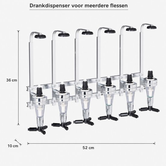 Drankdispenser van chroom en aluminium met 6 uitgiftepunten. Afmetingen: 52 cm breed, 36 cm hoog, 10 cm diep.