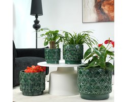 Keramieken Mini Bloempot - Diameter 19 cm - Groen Hartreliëf - Keramiek - Afwateringsgat Voor Kruiden