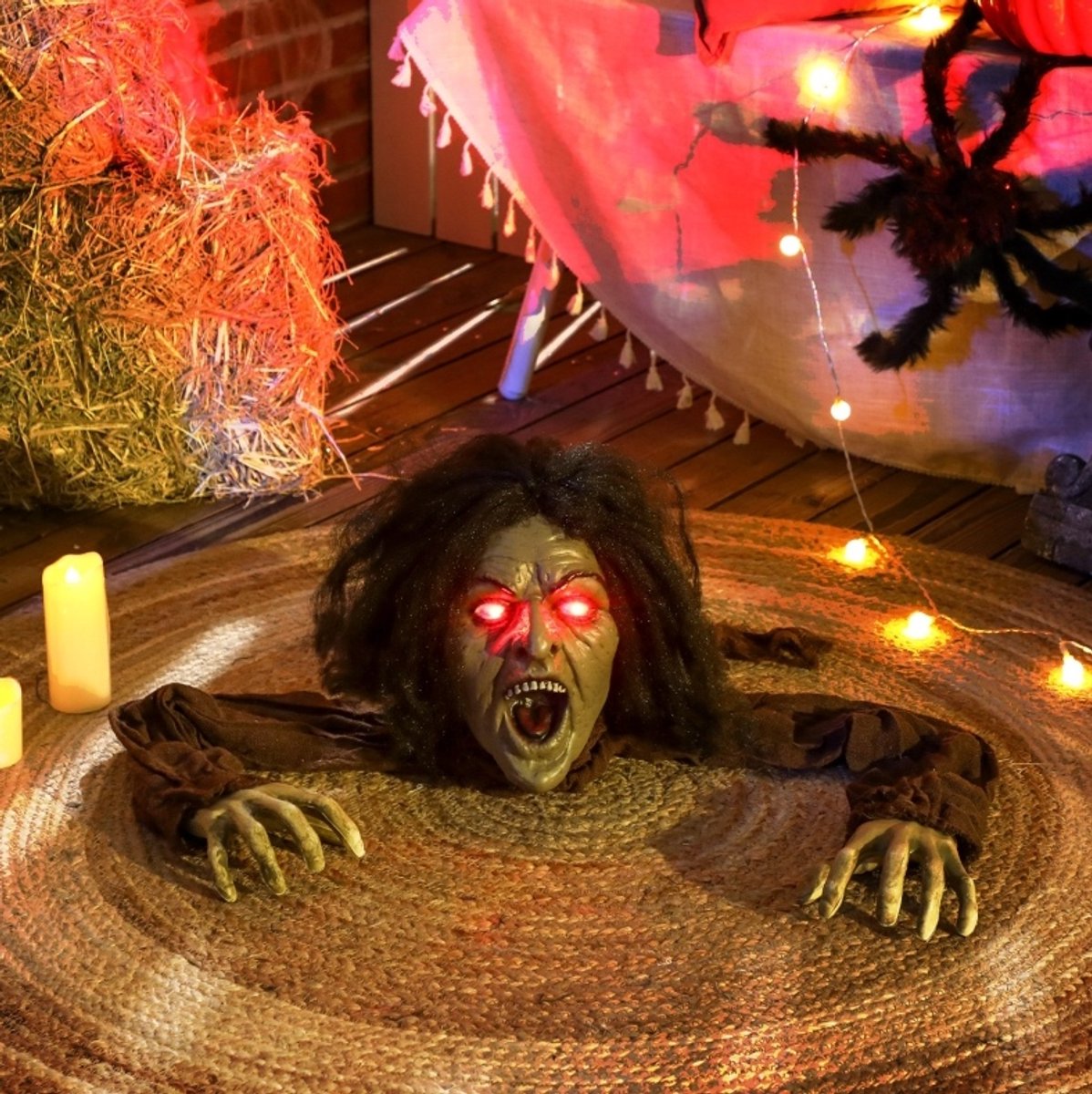 Halloweenzombiedecoratie – Geluidsreactief Met Rode Verlichte Ogen – 140 Bij 60 Bij 20 Cm – Kunststof En Stof – Bruin – Voor Binnen En Buiten