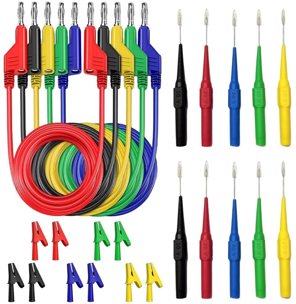 Set van 5 Multimeter Meetkabels met Krokodillenclips en Geïsoleerde Bananenpluggen voor Elektronische Metingen, Stroom- en Spanningstests