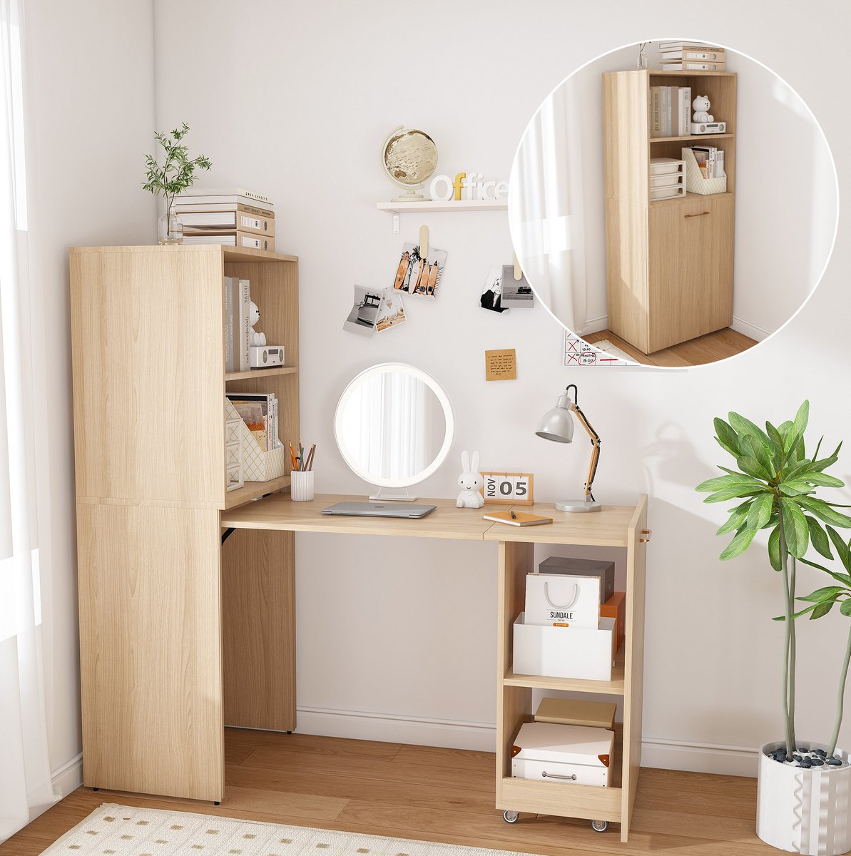 DESMIU Bureau - Uitschuifbaar Schrijfbureau Met Opbergkast En Verstelbare Legplanken - Voor Kleine Woningen - MDF - 126x40x136 Cm - Naturel