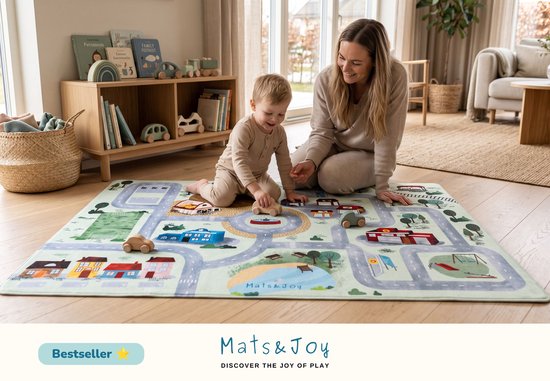 Mats & Joy® Village Auto Speelmat 110x170cm - Fluweelzacht - Anti-slip - Wasbaar - Groot Auto Speeltapijt voor Kinderen - Speelkleed Baby – Autokleed — afbeelding 5