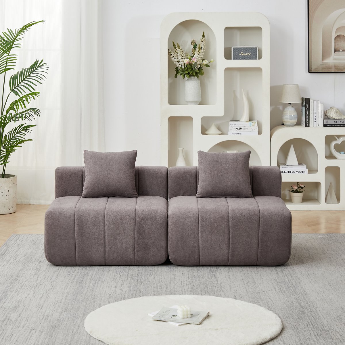 REDOM - Set - Modulaire 2-zits bank - Chenille bekleding - 2 kussens inbegrepen - Zonder montage - Design - Woonkamer - Grijs - 165 x 60,9 x 73,6 cm