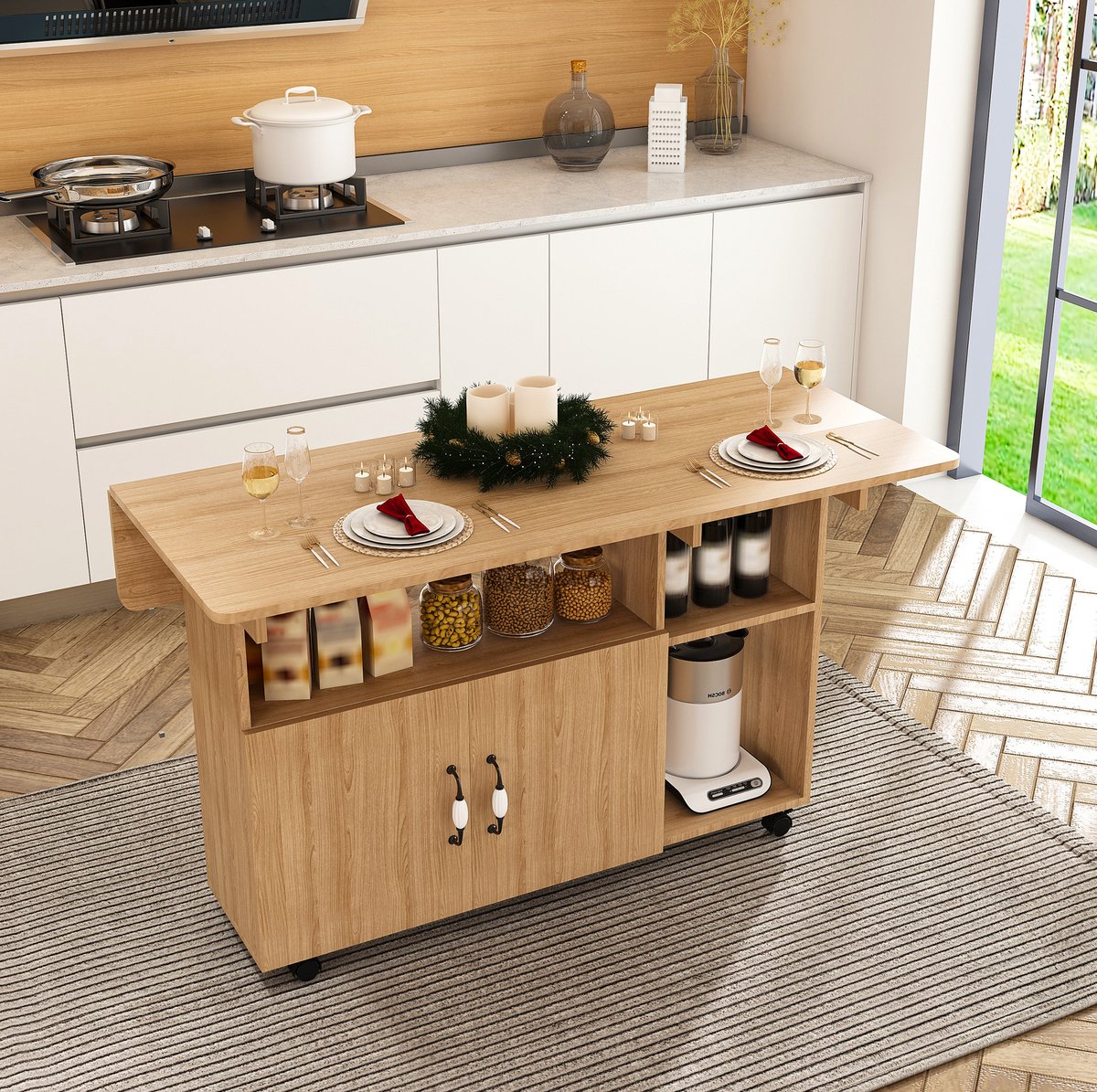 REDOM - Eettafel - Opklapbaar - 3-in-1 gebruik - Mobiel met 5 wielen - Opbergruimte - MDF - Licht eiken - 110 x 70 x 80 cm - Voor maximaal 4 personen