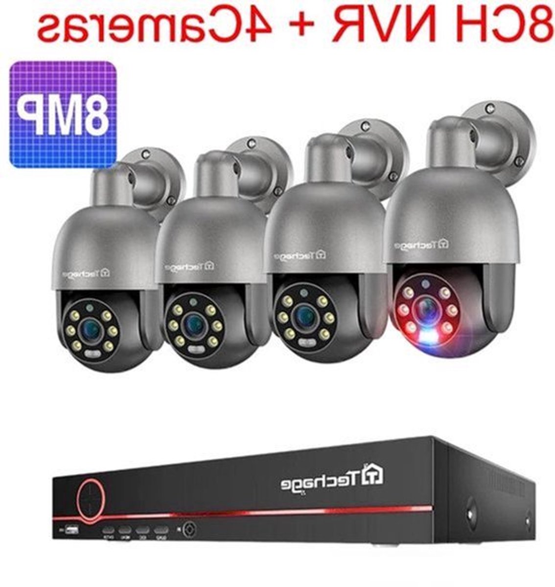 8-Kanaals 4K Beveiligingssysteem – IP Camerasysteem – CCTV Camera Set – Surveillance Cameras – POE Beveiliging – 4x 8MP PTZ Camera’s – AI Bewegingsdetectie – Tweeweg Audio