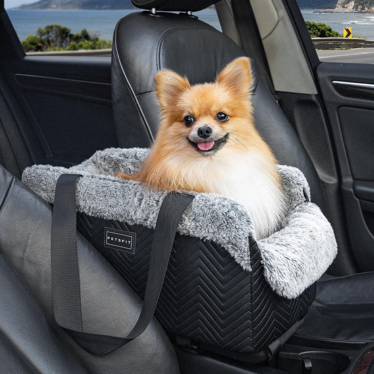 Elzusha - Honden autostoel voor console - Zwart leer - Tot 5kg