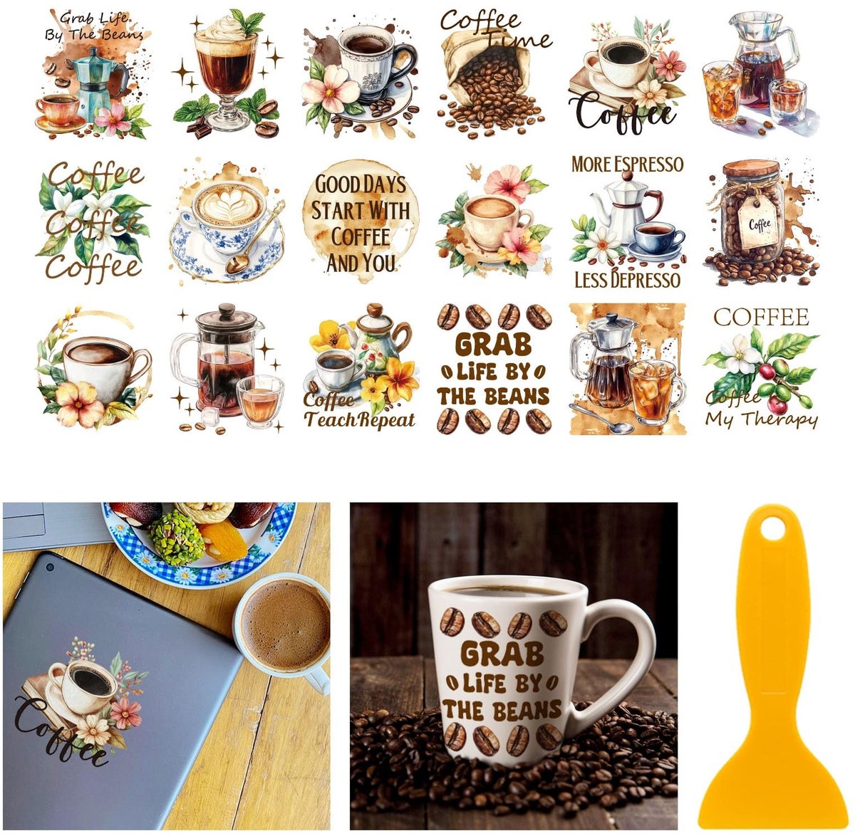 Elzusha - 18 Stuks Koffie Motieven Transferstickers - Bruin