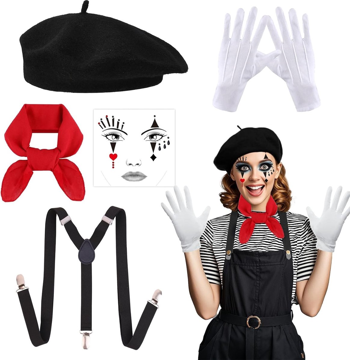 Stijlvol Frans Kostuum voor Mannen en Vrouwen met Accessoires zoals Beret, Handschoenen en Rode Sjaal voor Carnaval en Feestjes