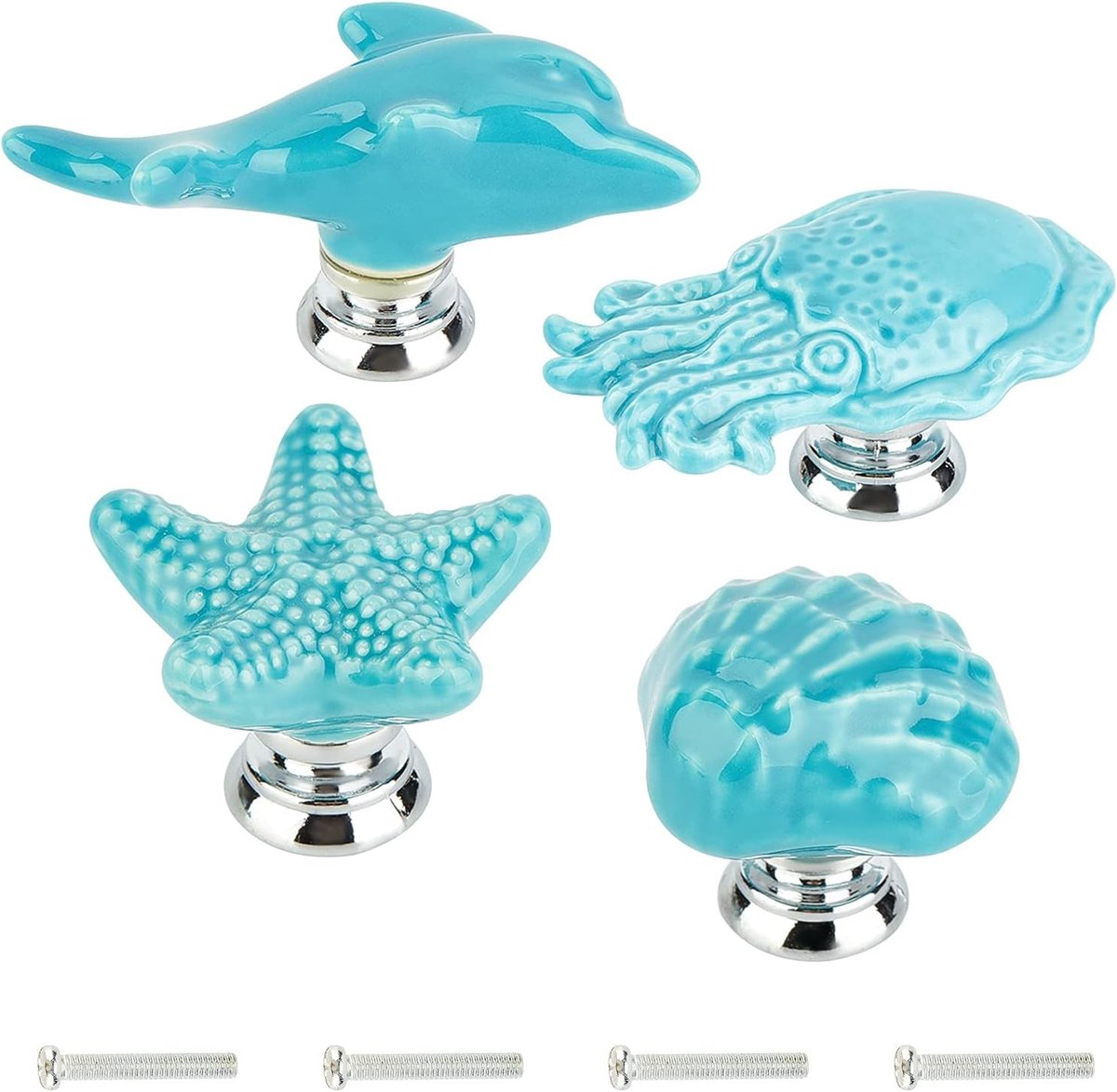 4 Sets Sterrenvis Octopus Schelp Dolfijn Keramische Kastknoppen Mariene Dieren Thema Ocean Cartoon Stijl Handgemaakte Ladeknoppen voor Keuken Meubels en Kasten (Blauw)