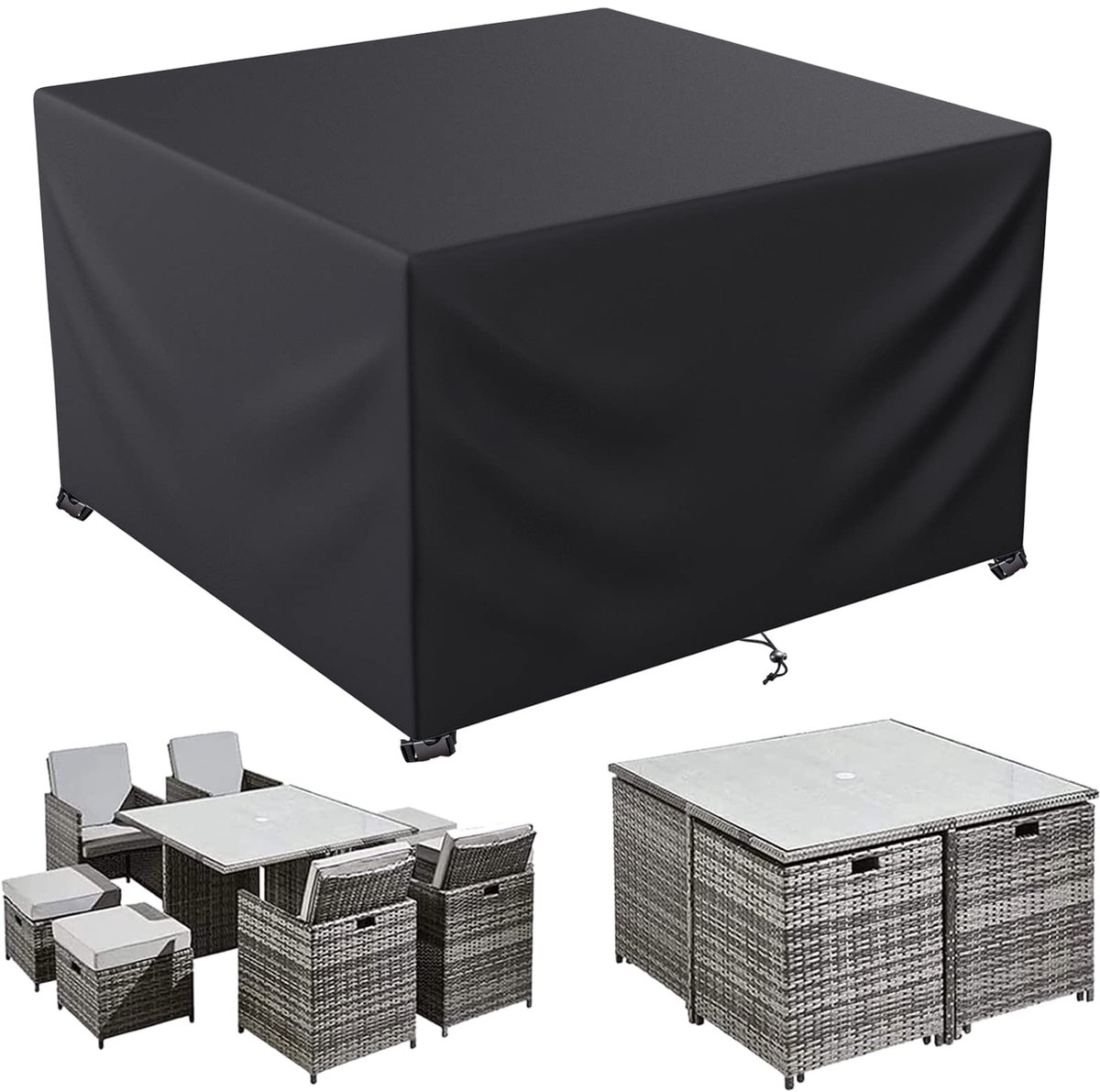 Famanu Beschermhoes voor tuinmeubelen, 600D Oxford-stof, beschermhoes voor tuintafel, bescherming voor alle weersomstandigheden, voor tafel- en banksets met touw en gesp (200 x 200 x 90 cm) wit