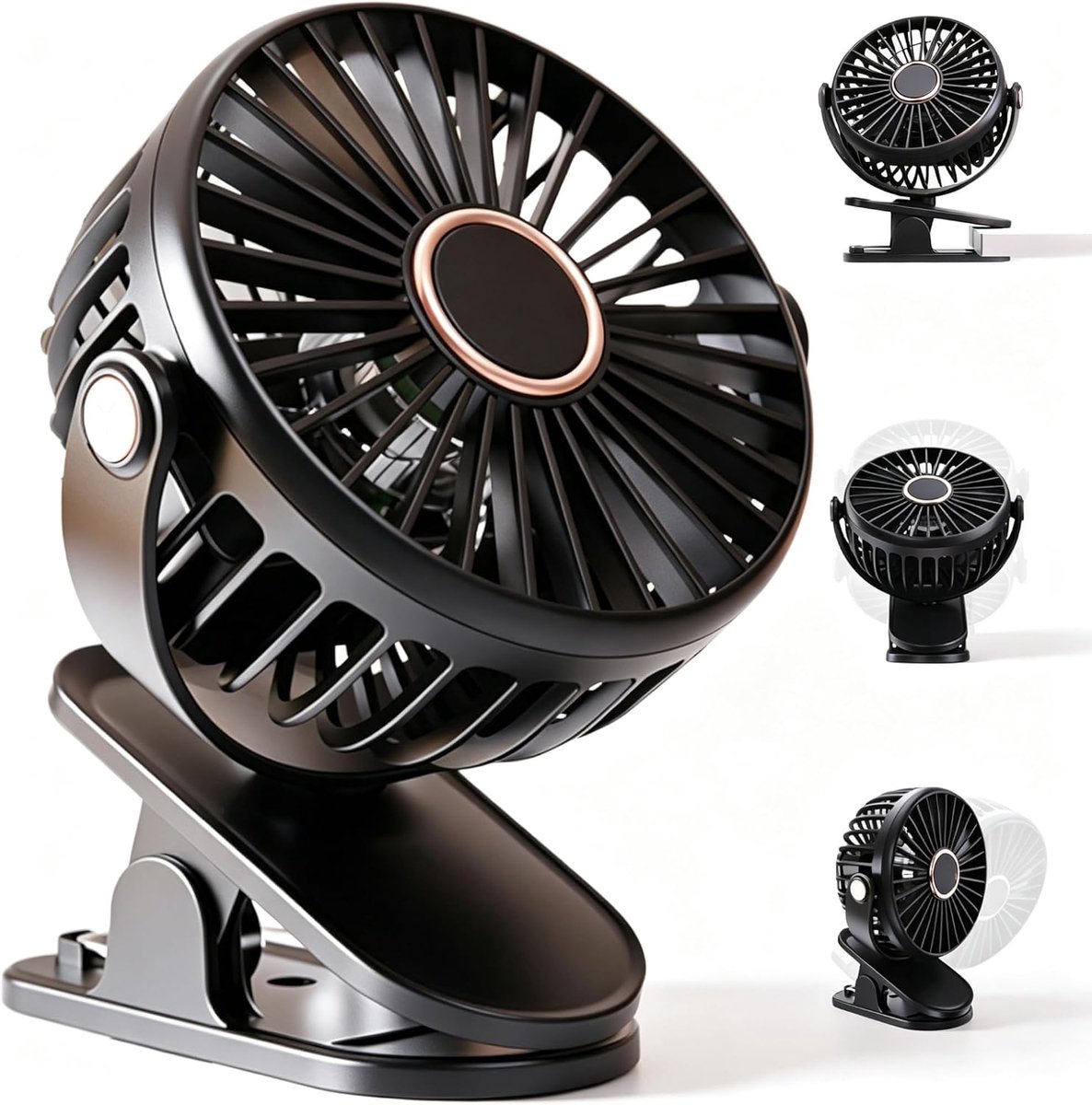 Clip-ventilator met accu, USB, 3 windstanden, 720° groothoek, klembaar, hangend, mini-ventilator voor kantoor, camping