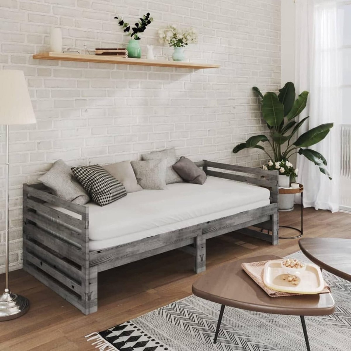 Uittrekbare slaapbank met ligkussen, bedframe, dagbed, slaapbank, eenpersoonsbed, bankbed, logeerbed, tienerbed, bank, massief grenenhout, 2 x (90 x 200) cm, grijs