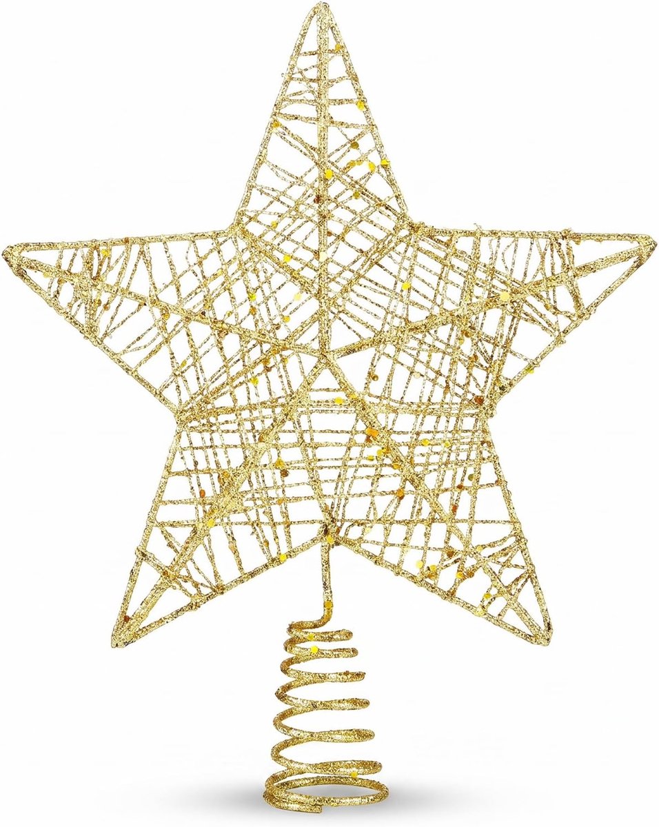 Kerstster voor kerstboom, fonkelende dennenpunt met ledverlichting en timer, 3D-boomdecoratie van metaal voor feestjes en binnen
