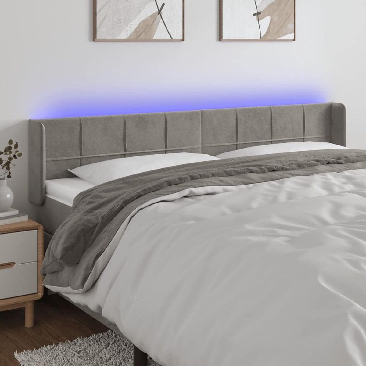 Hoofdeinde met led, lichtgrijs, 203 x 16 x 78/88 cm, van fluweel, hoofdeinde met oren, hoofdeinde van fluweel, blok met vierkanten