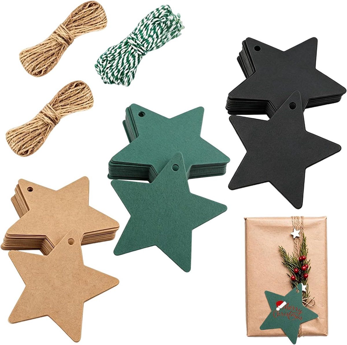 120 Ster Cadeaulabels Kraft Zwart Groen Met Touw