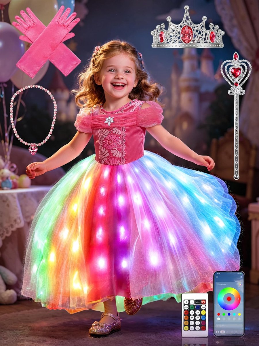 kostuum, muzieksynchronisatiekostuum meisjes, app-bediening, met 4 stuks accessoires voor Halloween, Kerstmis, carnaval