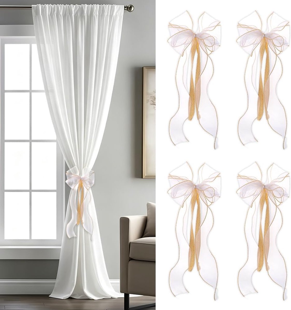 4 stuks Franse zijdeachtige strik gordijn Tiebacks Bloemen Wit Strik Gordijn Tiebacks Strik Gordijn Ties Decoratieve Raam Terughoudingen voor Thuis Slaapkamer Kantoren Eetkamers Bruiloft