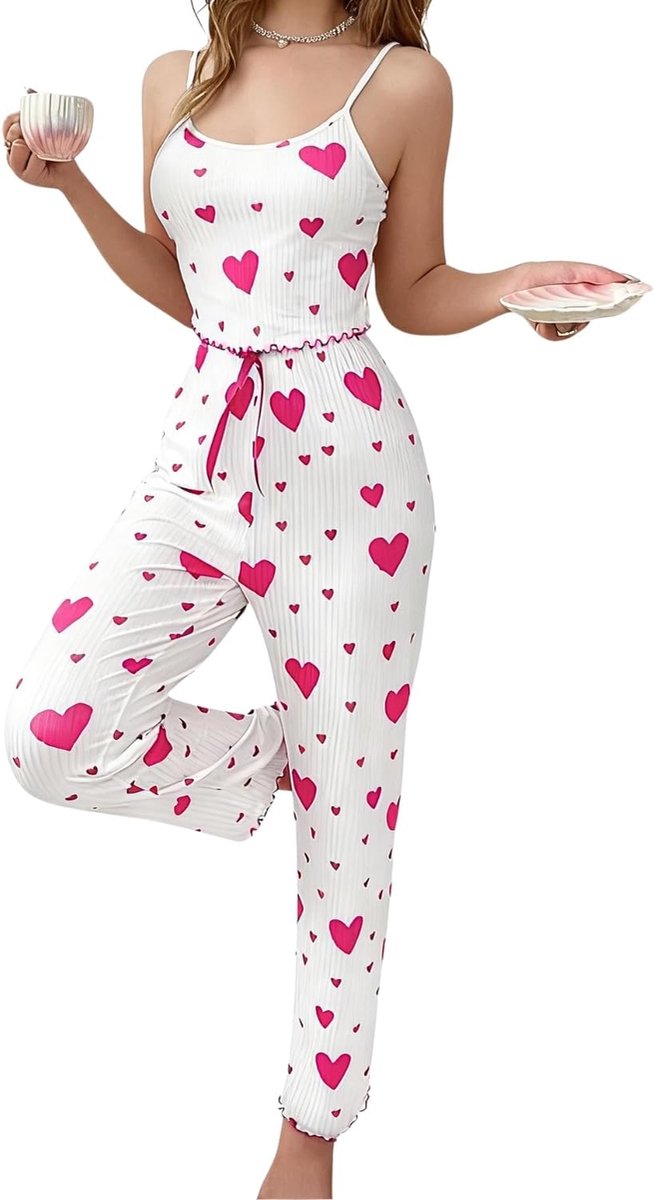2-delige pyjamaset voor dames, met hartvormige print, camisole top en broek, sexy pyjama, schattig, comfortabel, mouwloos, sleepwear
