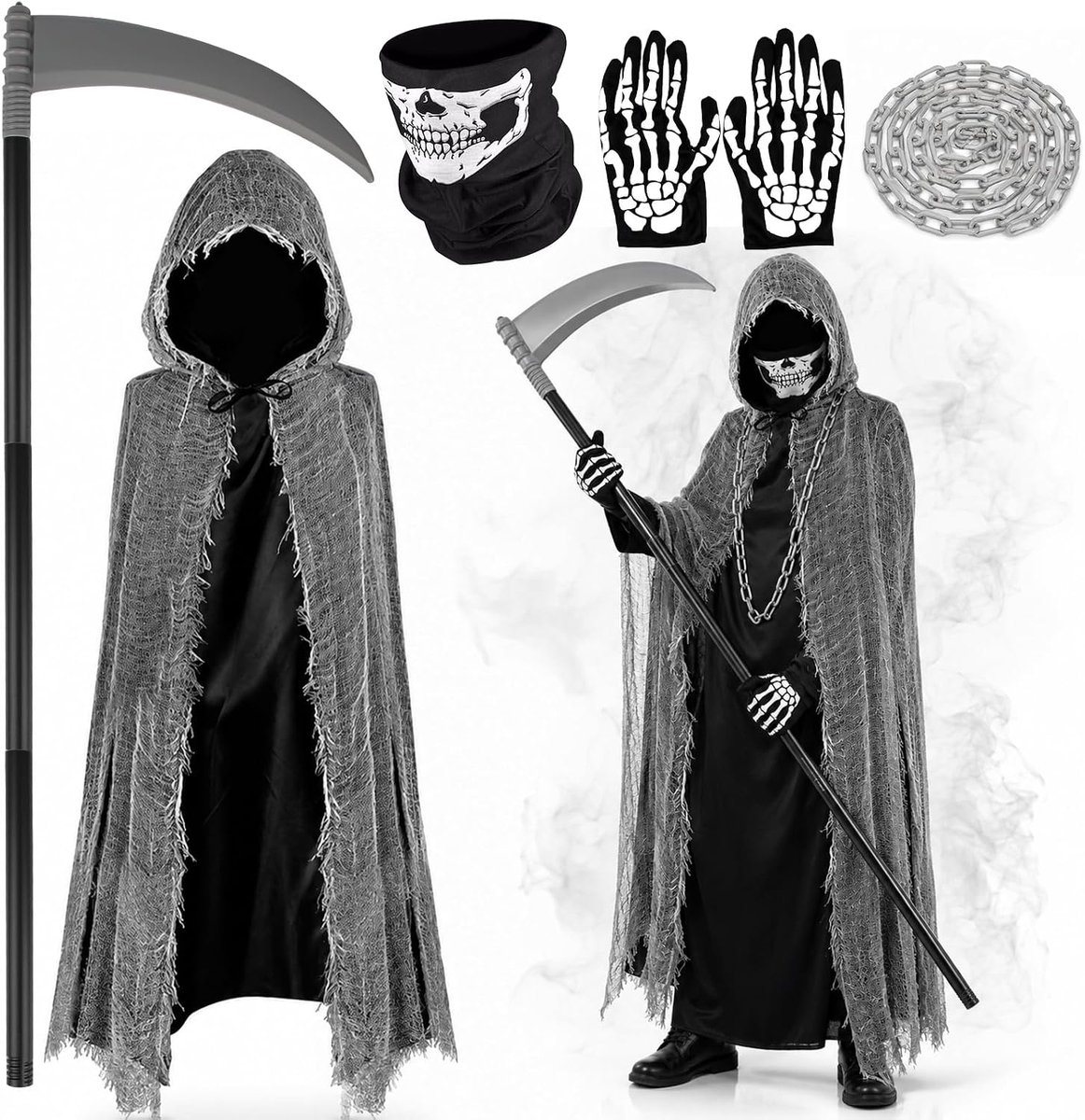Kostuumset, 90/110/130/150 cm, griezelige geesten, kapje, masker, metalen ketting en handschoenen, Halloween-kostuum voor kinderen, jongens en meisjes, Grim Reaper kostuum, dood