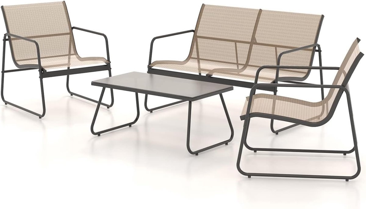 patio tuinmeubelenset 4-delig, Textilene balkonmeubelenset met tafel, sofa en 2 stoelen, staal, zitgroep voor tuin, balkon, buiten (bruin)
