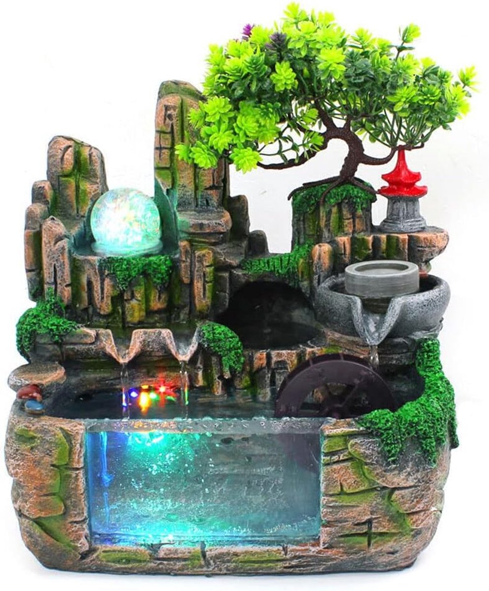 Waterval, tafelfontein, decoratie, waterspel met led-lamp, vernevelingseffect, desktop, kleine rotstuin, voor woonkamer, slaapkamer, kantoordecoratie