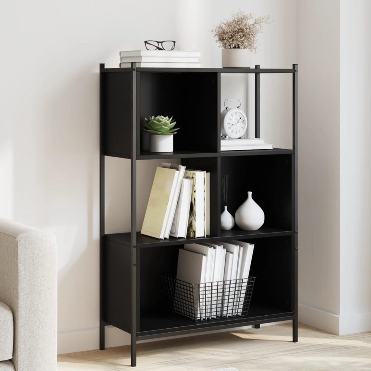 Boekenkast, zwart, 72 x 28 x 109 cm, houtmateriaal, staand rek met