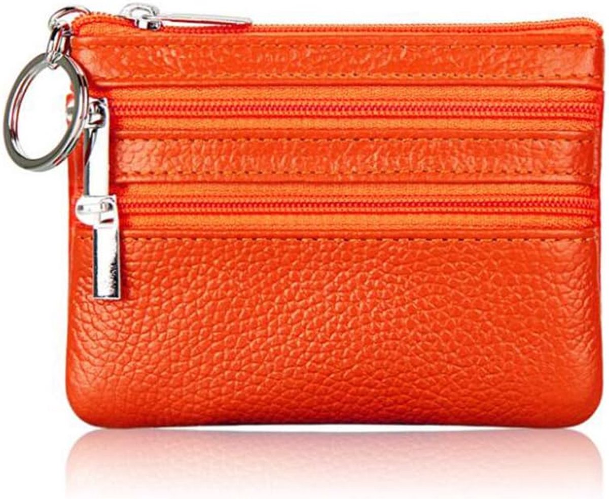 Portemonnee Dames Echt Leer met ritssluiting Slank Geldbeurs Heren Lederen met Sleutelring Krediet Kaart Houder Unisex met 3 Ritssluiting (Oranje)