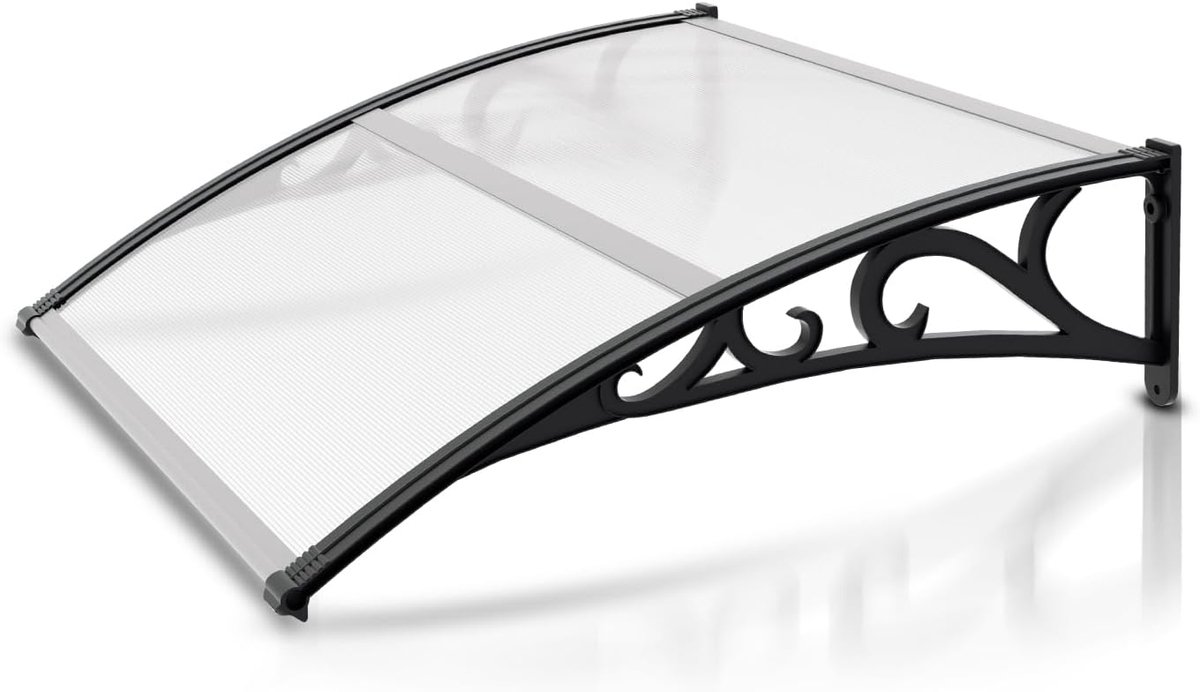 Luifel voor huisdeur, 100 x 120 cm, overkapping, huisdeur van aluminium, transparante lessenaarsboogluifel met ABS-houder, regenbestendig, sneeuw en uv-bescherming, transparant polycarbonaat
