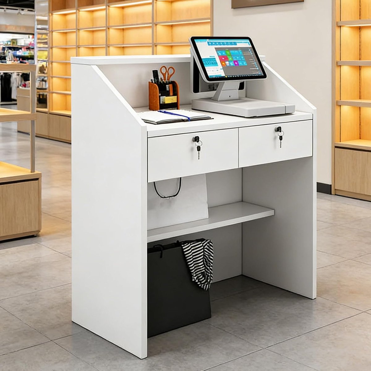 Receptiebalie, balie voor de ontvangstkamer, kassabalie met afsluitbare lade, computerbureau voor kantoor of schoonheidssalon white,W60