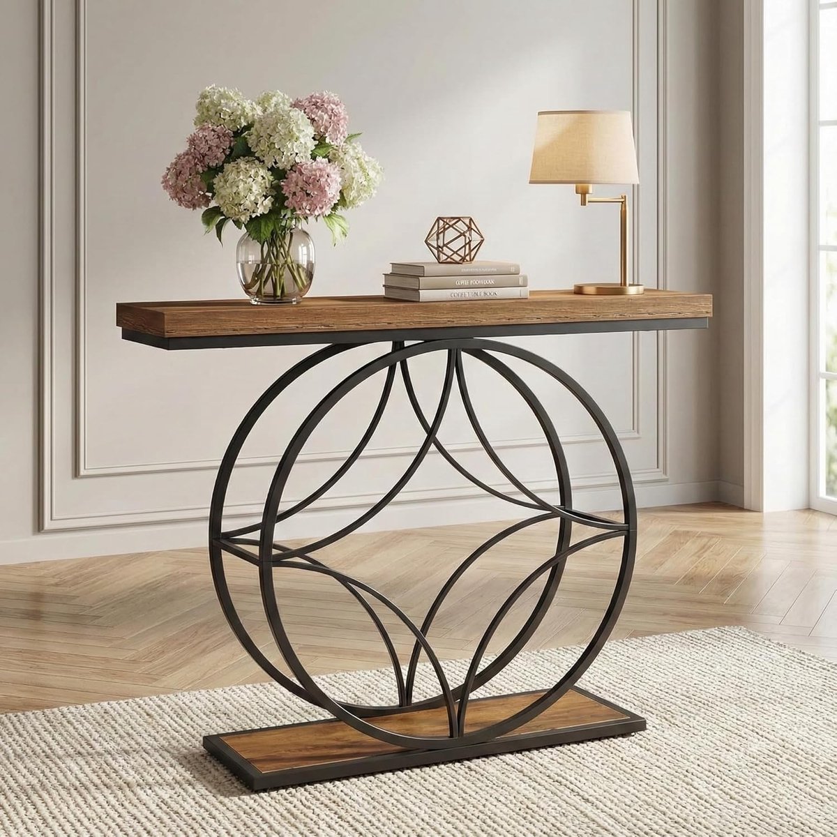 120cm Console Table, Geometric Metal Frame, Sidetable Industrieel, Houten Consoletafel, Hallway Table For Entryway, Small Spaces, 120 x 30 x 74 cm, Rustic Brown