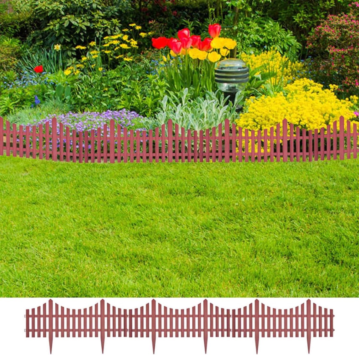 Set van 17 decoratieve omheining tuinhek gazonrand totale lengte 10 m bed rand rand bruin/groen