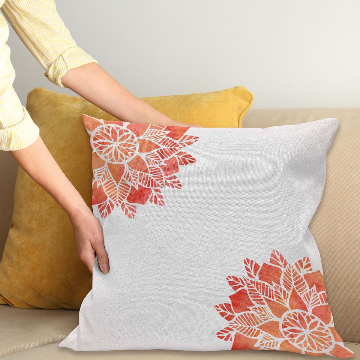 ABAKUHAUS Bloemen Sierkussenhoes, Watercolors Lace Bloem Bloemblaadjes in Zacht Pastel Tinten met Oosters Effect Ontwerp, Decoratieve Vierkante Sierkussenhoes, 45 x 45 cm, Donker Koraal Wit