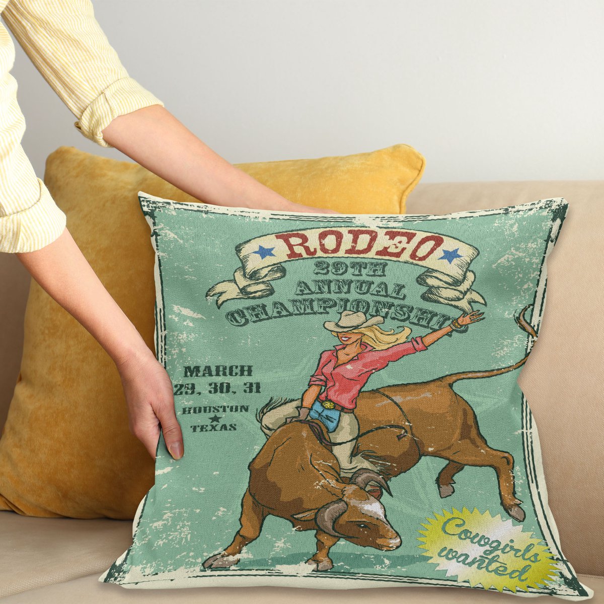 ABAKUHAUS Retro Sierkussenhoes, Rodeo Cowgirl op de Bull Annual Championship Vintage Patroon Grunge Ontwerp, Decoratieve Vierkante Sierkussenhoes, 50 x 50 cm, Zeegroen