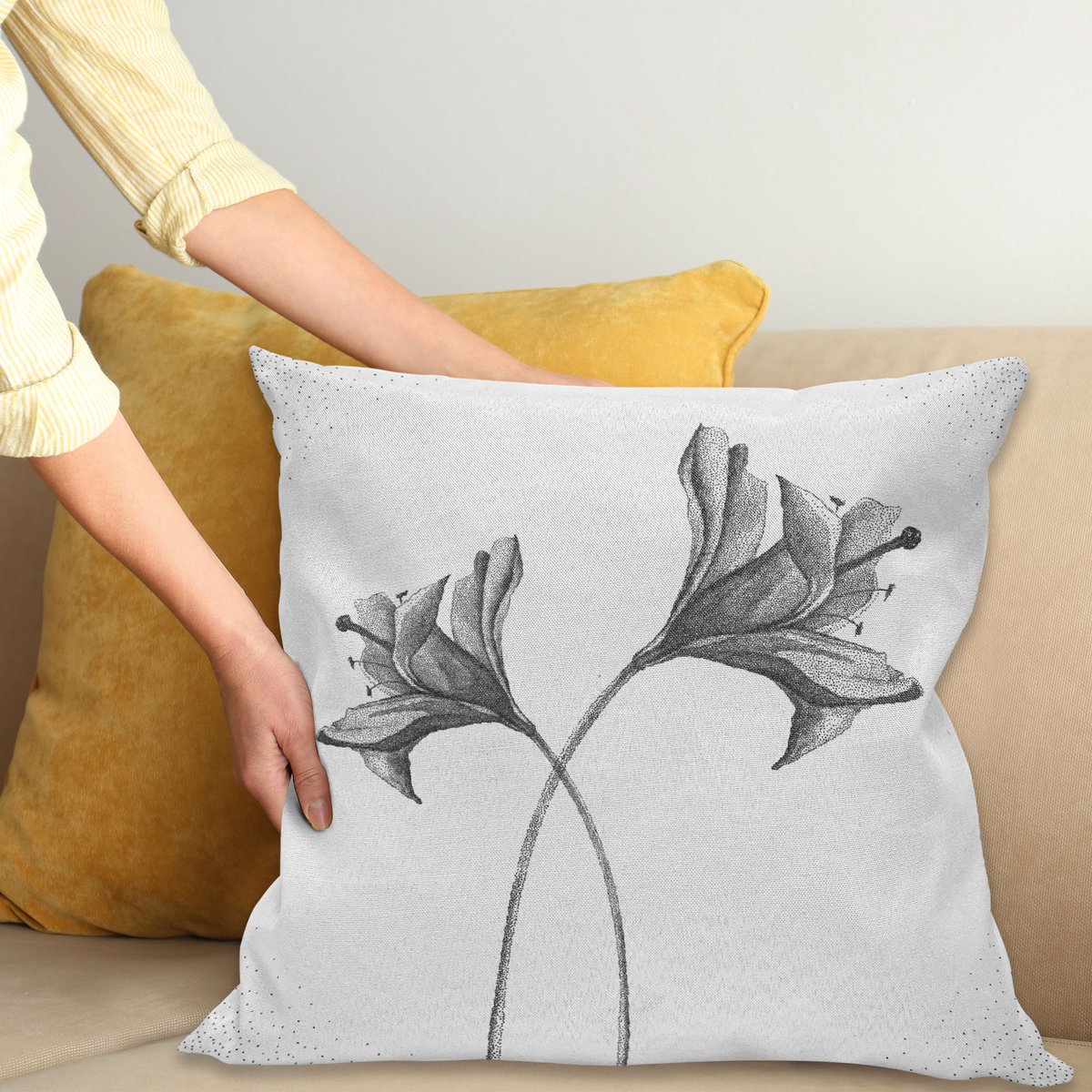 ABAKUHAUS Bloem Sierkussenhoes, Digital Dotwork Monochroom Kunst van een Bloemen Ontwerp Botanisch Petal Florets Bloesem Toned Illustratie, Decoratieve Vierkante Sierkussenhoes, 45 x 45 cm, Grijs