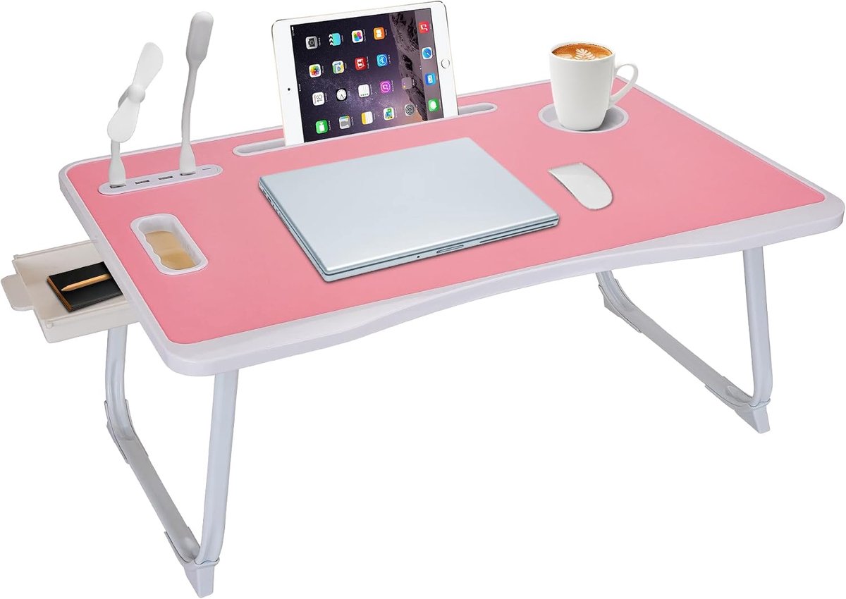 opvouwbare laptop-bedtafel met USB-oplaadpoort, handgreep, kaartenvak, bekerhouder, zijlade, draagbare laptoptafel voor eten, lezen en werken in bed